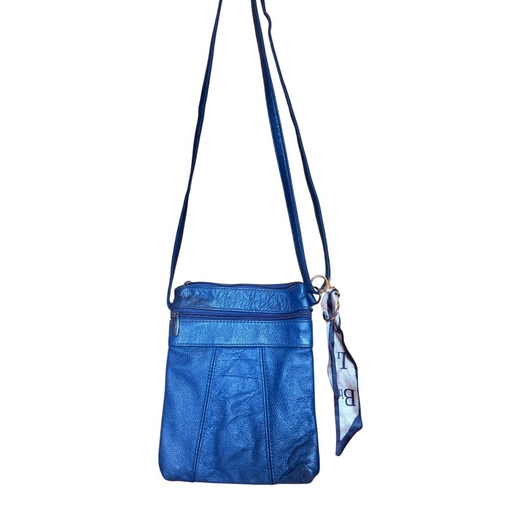 Blue Pebbled Faux Leather Crossbody Bag with Scarf Charm and Multi Pockets
